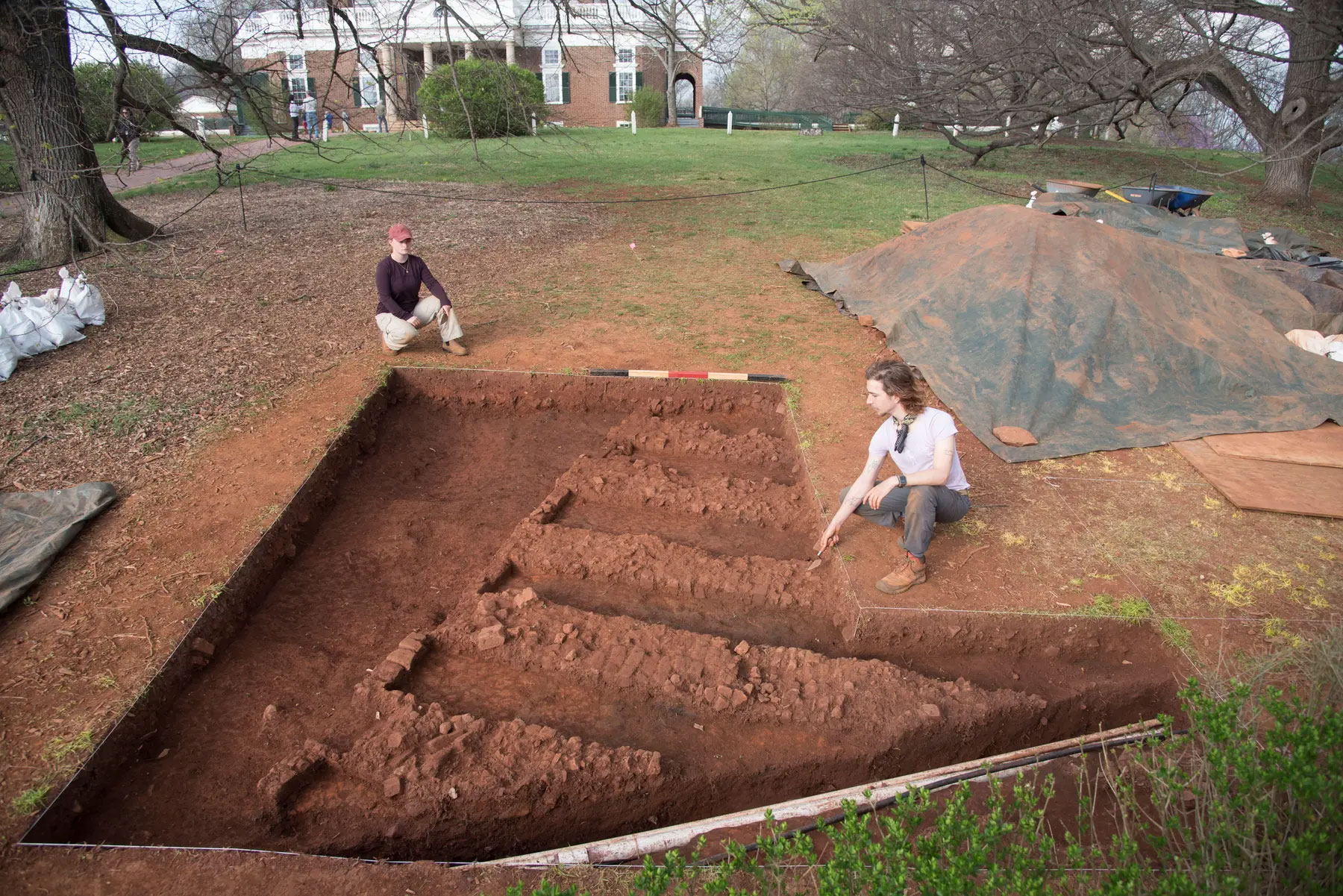 Archaeologists excavate the extant remains of a brick kiln on the Monticello East Lawn in Charlottesville, Virginia.