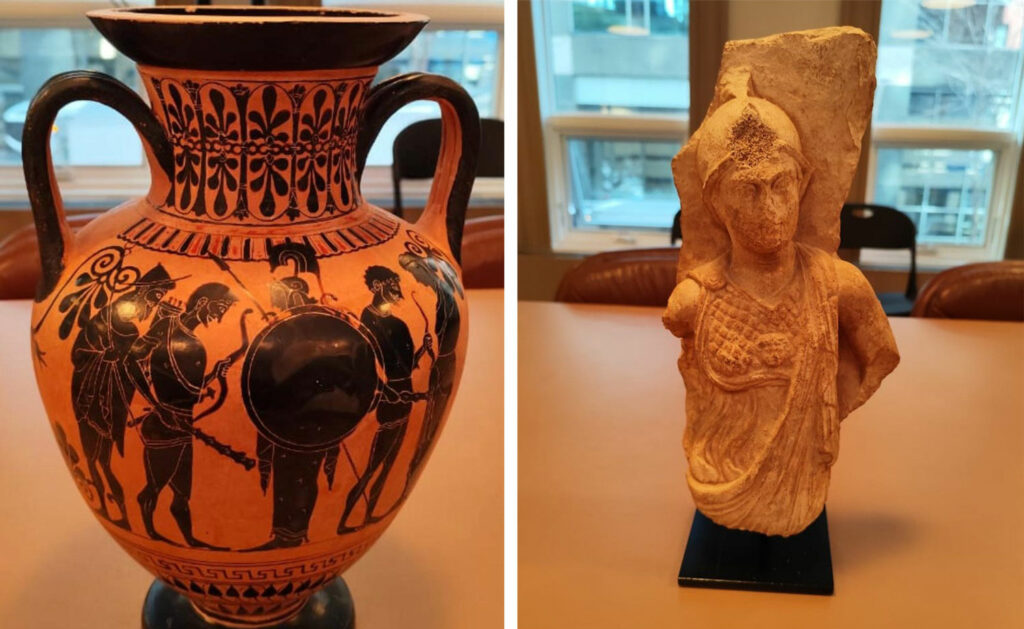 Black-figure vase (left) and fragment of Athena relief (right)