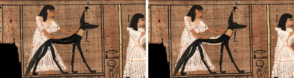 Papyrus showing the editing process to thin out the figure of a jackal