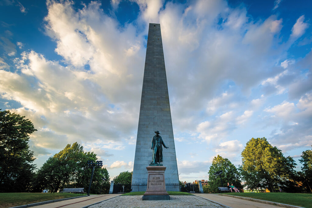 A 221-foot-tall stone obelisk, erected to commemorate the fiftieth anniversary of the Battle of Bunker Hill