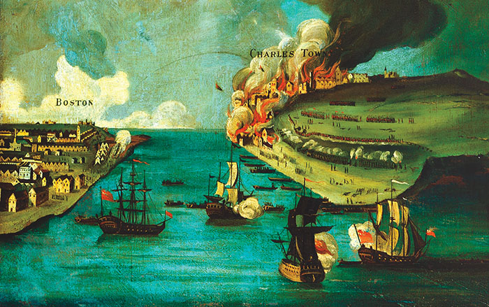 A late eighteenth-century painting titled View of the Attack on Bunker's Hill, with the Burning of Charles Town