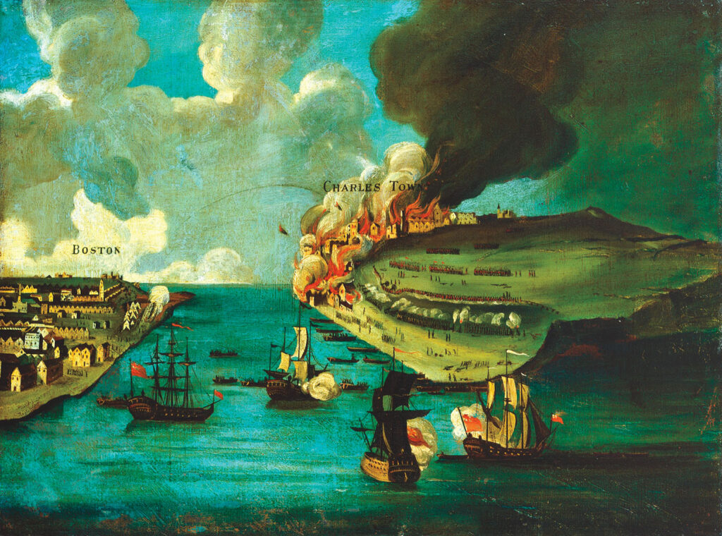 A late eighteenth-century painting titled View of the Attack on Bunker's Hill, with the Burning of Charles Town