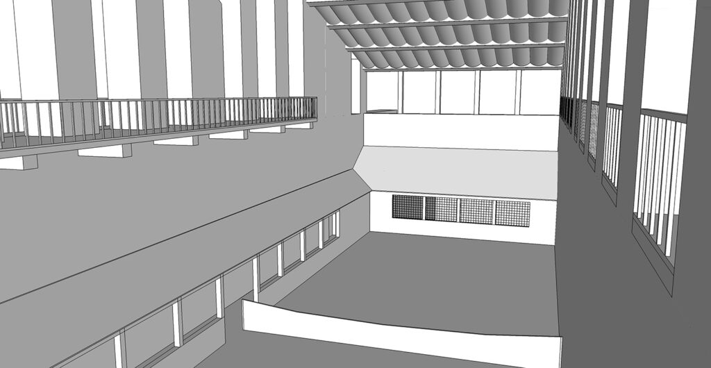 Reconstruction of the Lourdon Castle jeu de paume hall interior