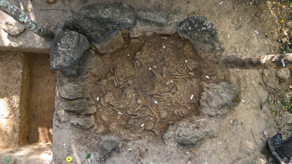 Aerial view of stone jar containing excavated human remains, Xieng Khouang Plateau, Laos