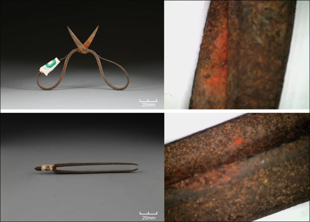 Iron scissors (top left) and iron tweezers (above left), with detail of the residues sampled on each instrument (top right and above right)