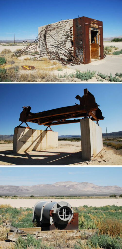 Standing remains at Frenchman Flat include a vault (top), train trestle (middle), and an aluminum cylinder for a pig experiment (bottom).