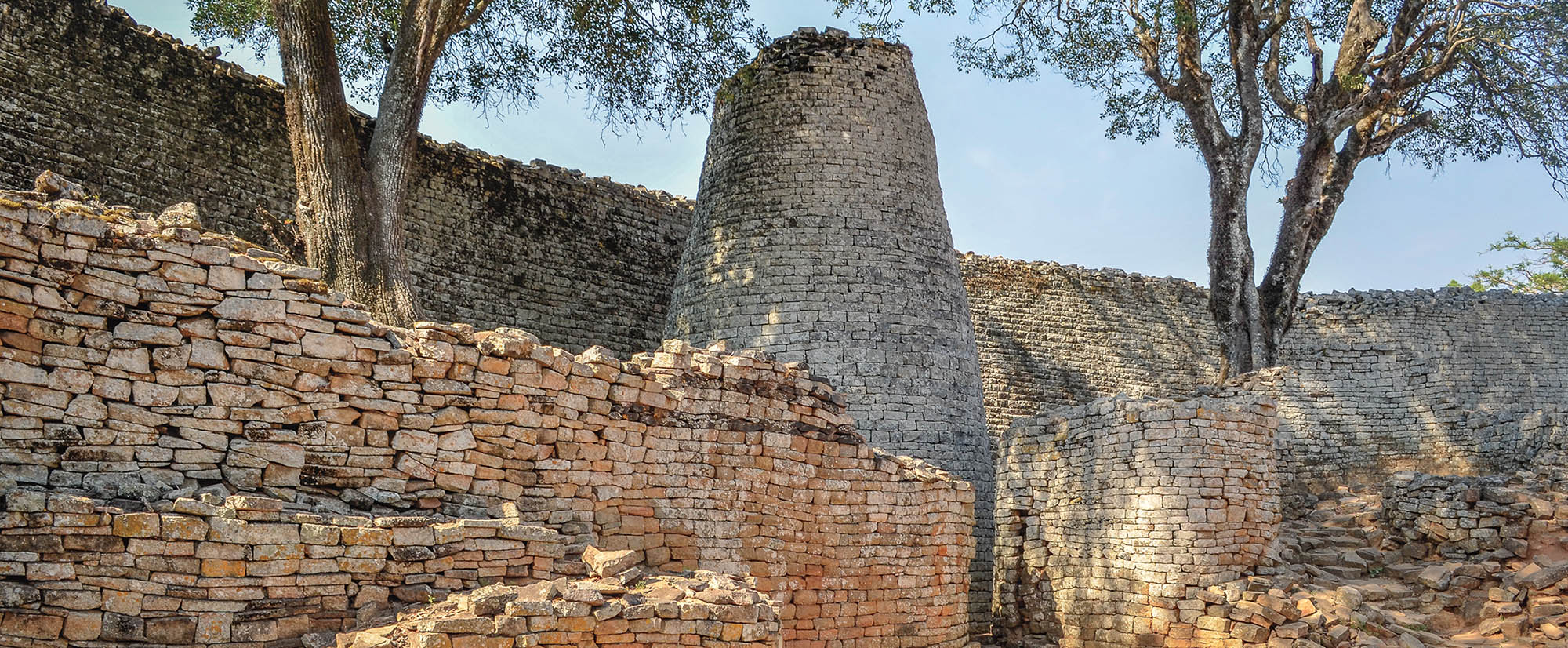 A tower measuring about 30 feet tall rises in the Great Enclosure at Great Zimbabwe