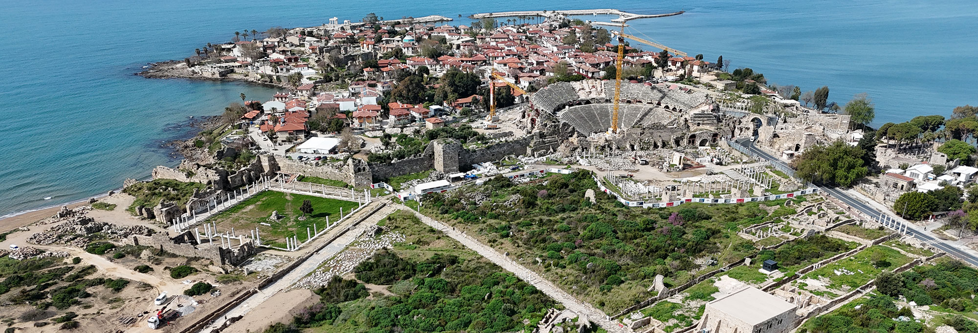Aerial view of ruins, Side, Turkey