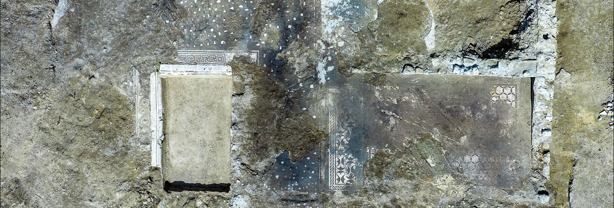 Aerial view of Roman villa excavation, Castel di Guido, Italy