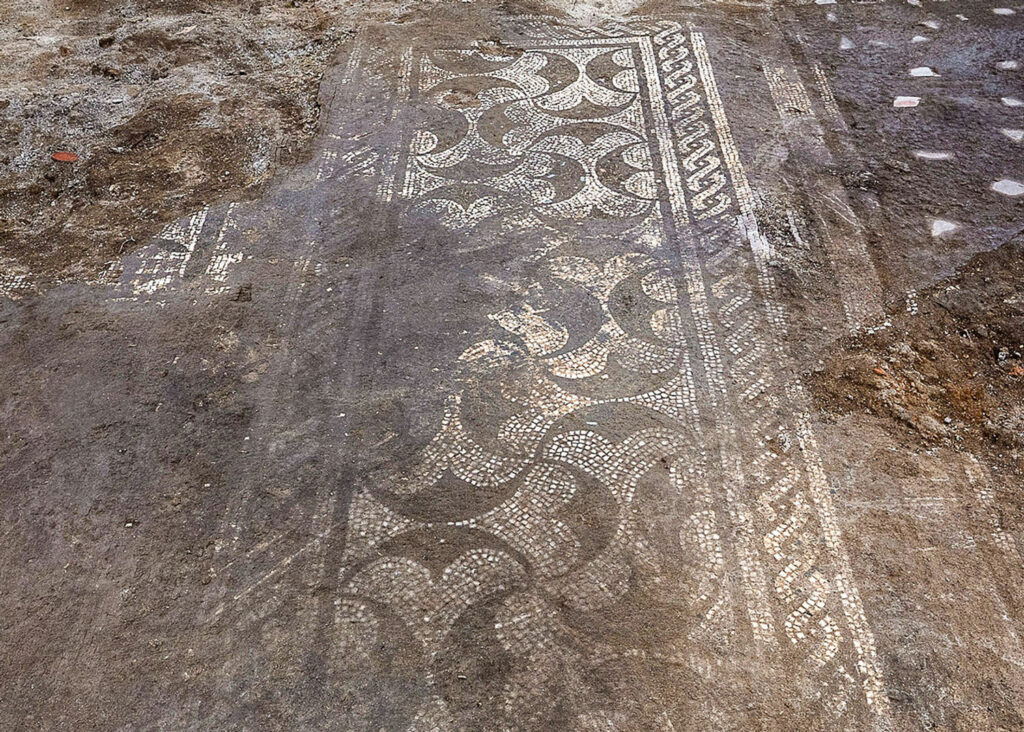 Excavated portion of black and white mosaic floor in a Roman villa, Castel di Guido, Italy
