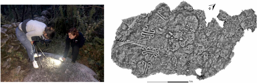 Archaeologists capture a rock art panel from Penedo do Muro 2, Portugal (left), in order to produce a 3D visualization (right).