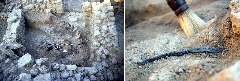 Burned features (left) and a bronze spearpoint (right) discovered in excavations at Troy