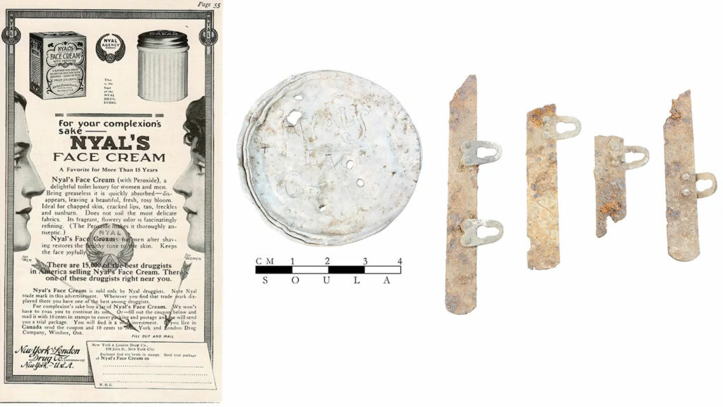 Face cream ad (left), face cream jar (center), and corset stays (right)