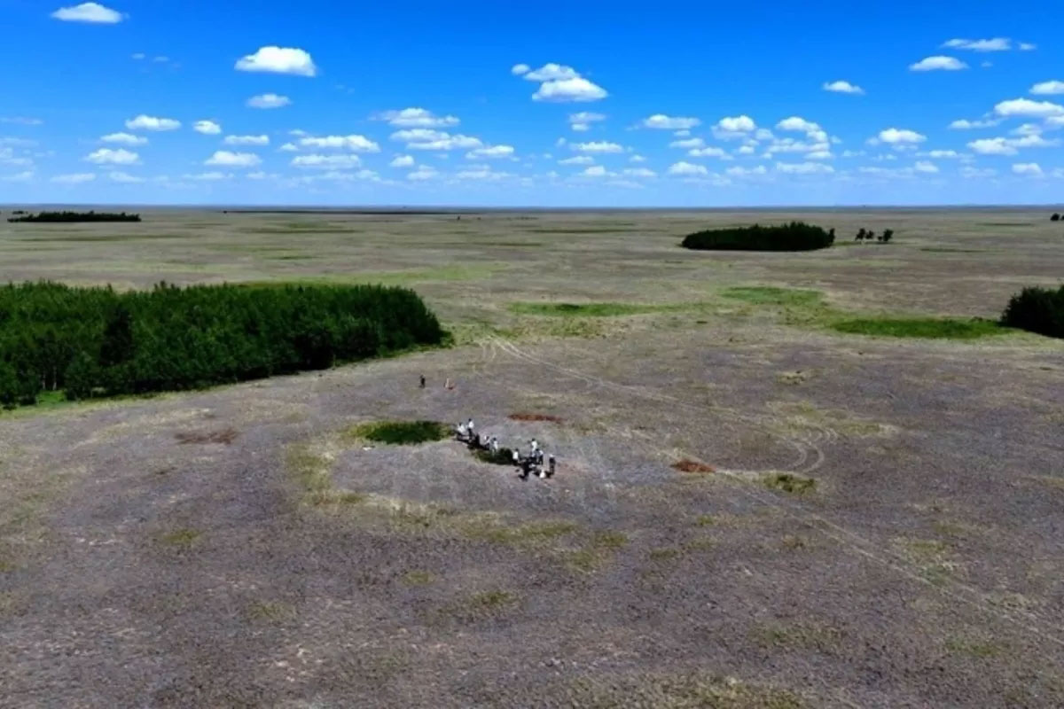 Aerial view of excavations of a structure in the Zhantai tract, Kazakhstan