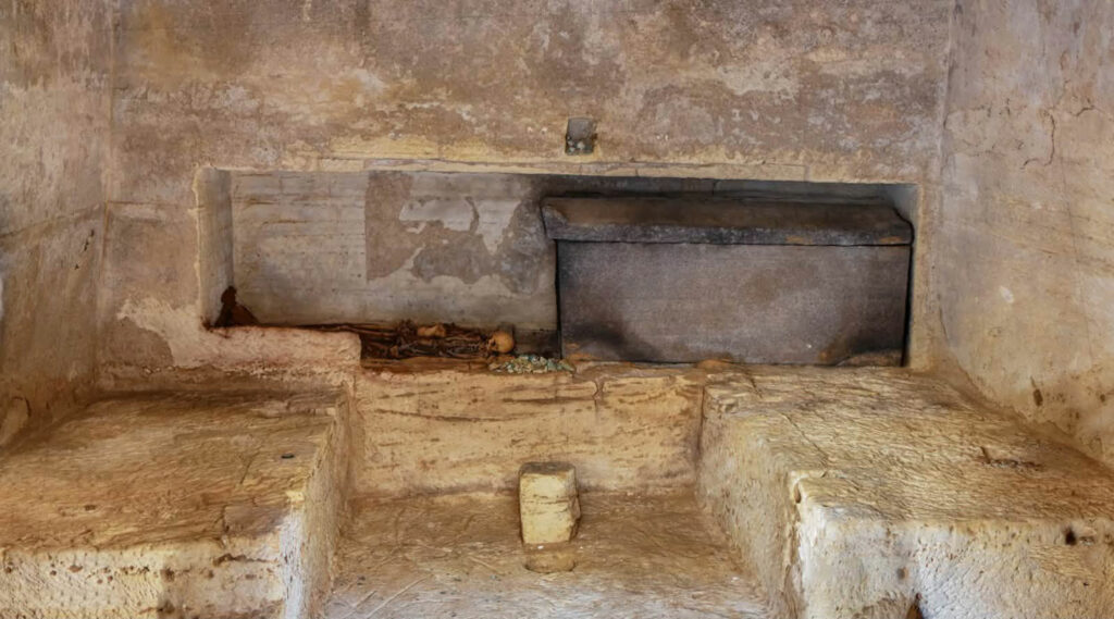 Interior of a tomb with benches and a recessed wall niche, Marina el-Alamein, Egypt