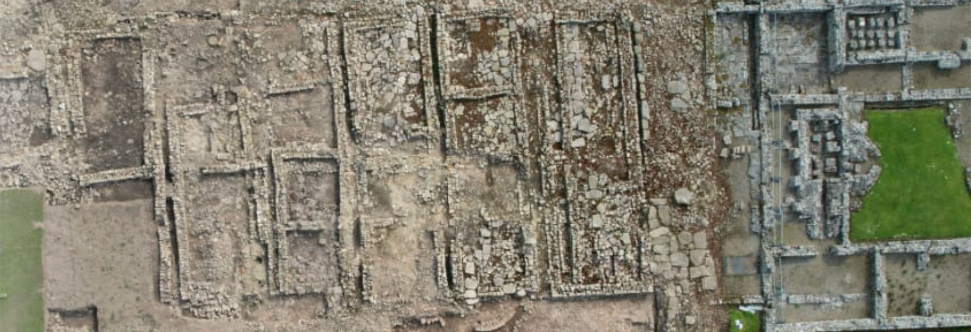 Aerial view of excavated Roman barracks, Vindolanda, England