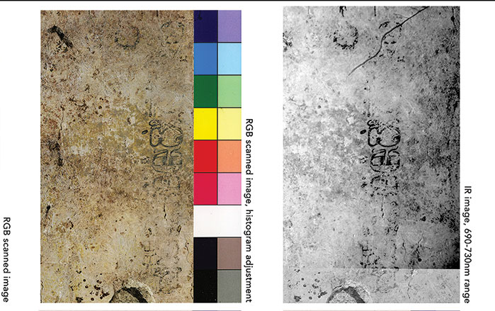 Scanned images of Text 19 in structure 10K-2 at the site of Xultun, Guatemala, with DStretch modifications