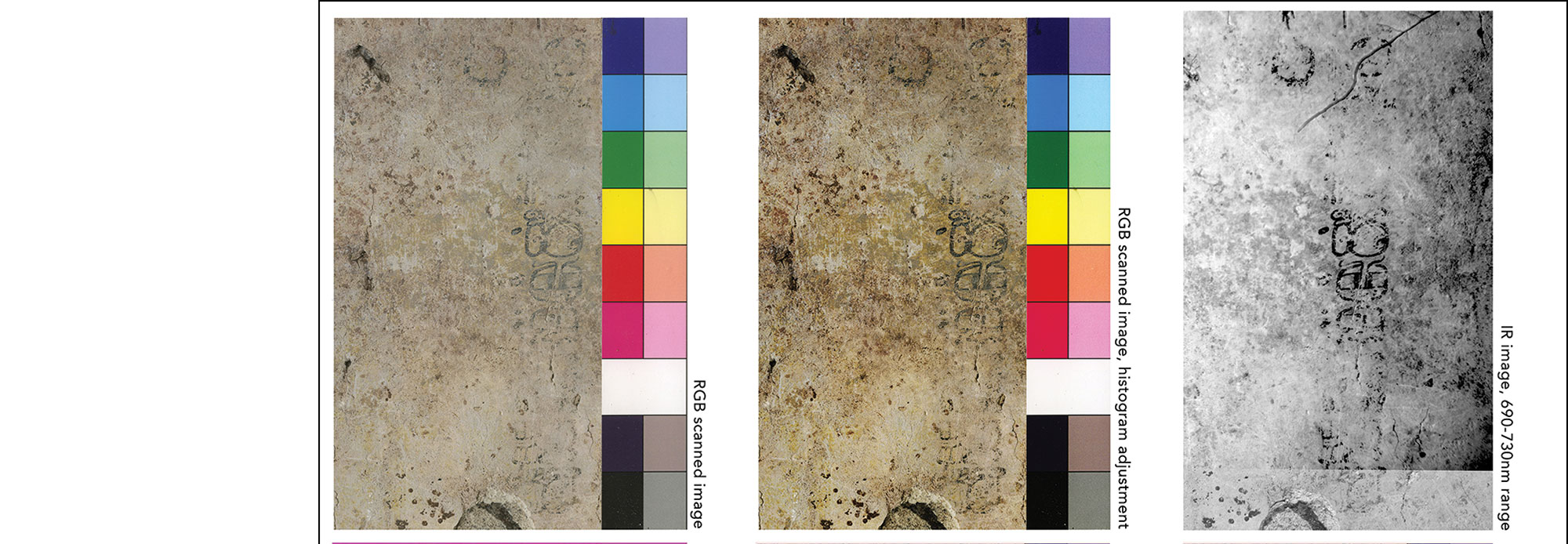 Scanned images of Text 19 in structure 10K-2 at the site of Xultun, Guatemala, with DStretch modifications