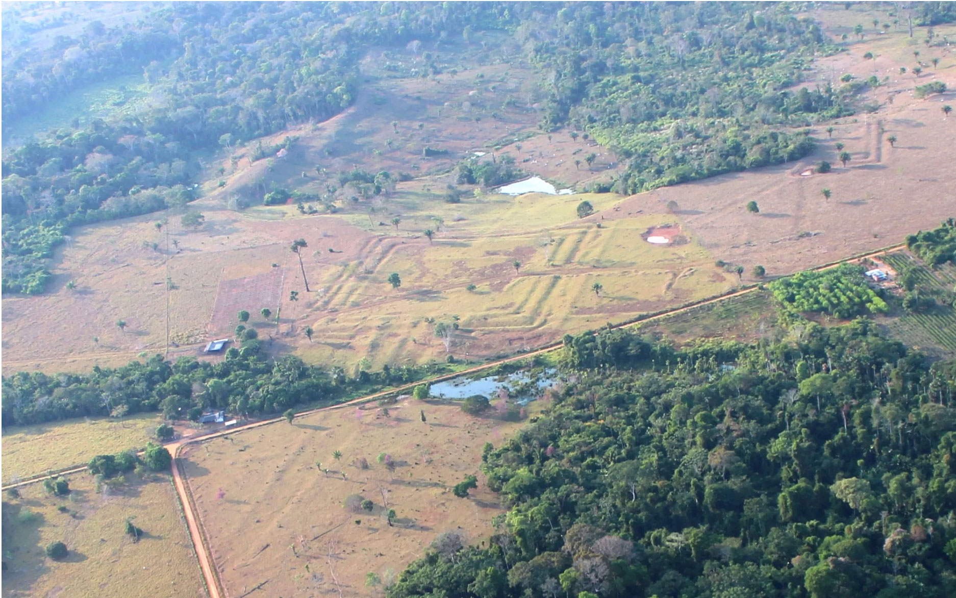 Aerial view of earthworks at the site of Tequinho, Brazil
