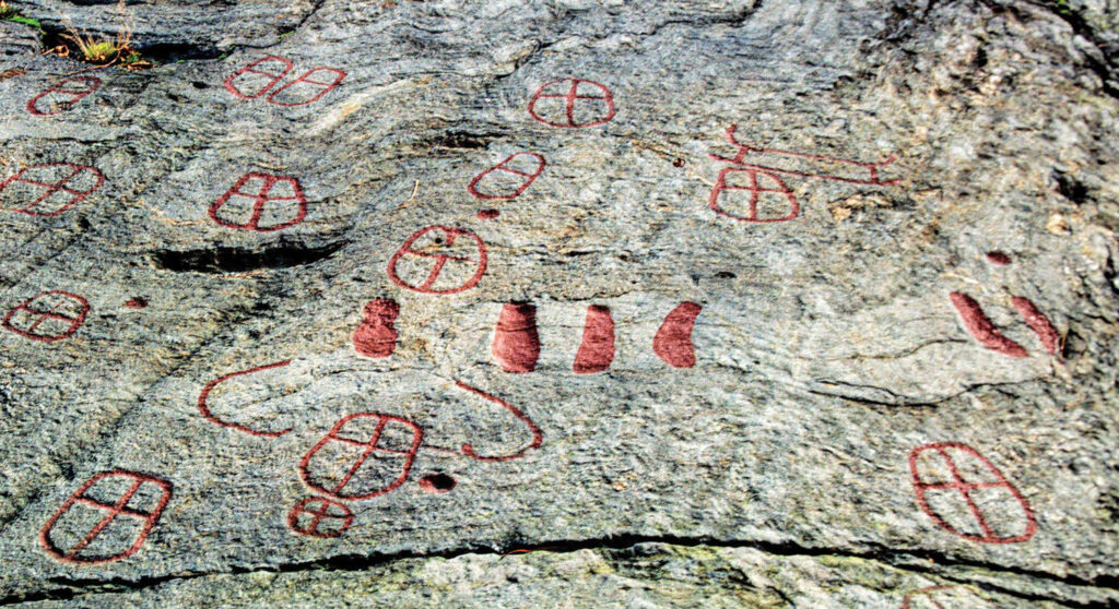 Different styles of podomorphs highlighted with red paint, southern Sweden