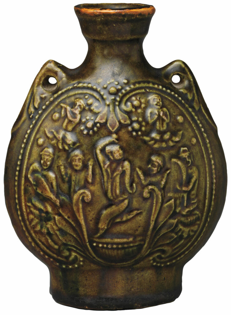 Chinese earthenware flask depicting musicians accompanying a dancer performing the Whirling Barbarian, or Sogdian Whirl