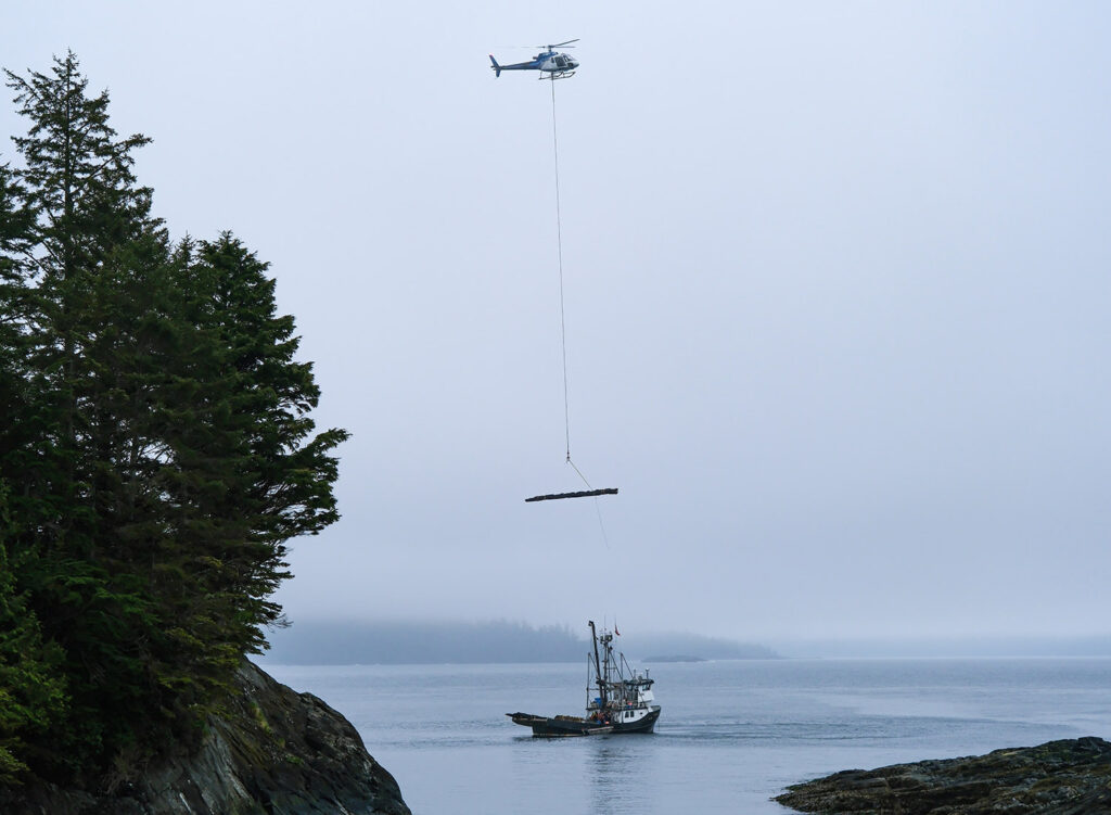 Helicopter carrying pole to SGang Gwaay Llnagaay, Canada