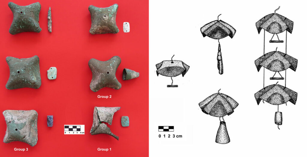 Copper bells and clappers (left) and a reconstruction drawing (right) of the musical instrument of which they were a part