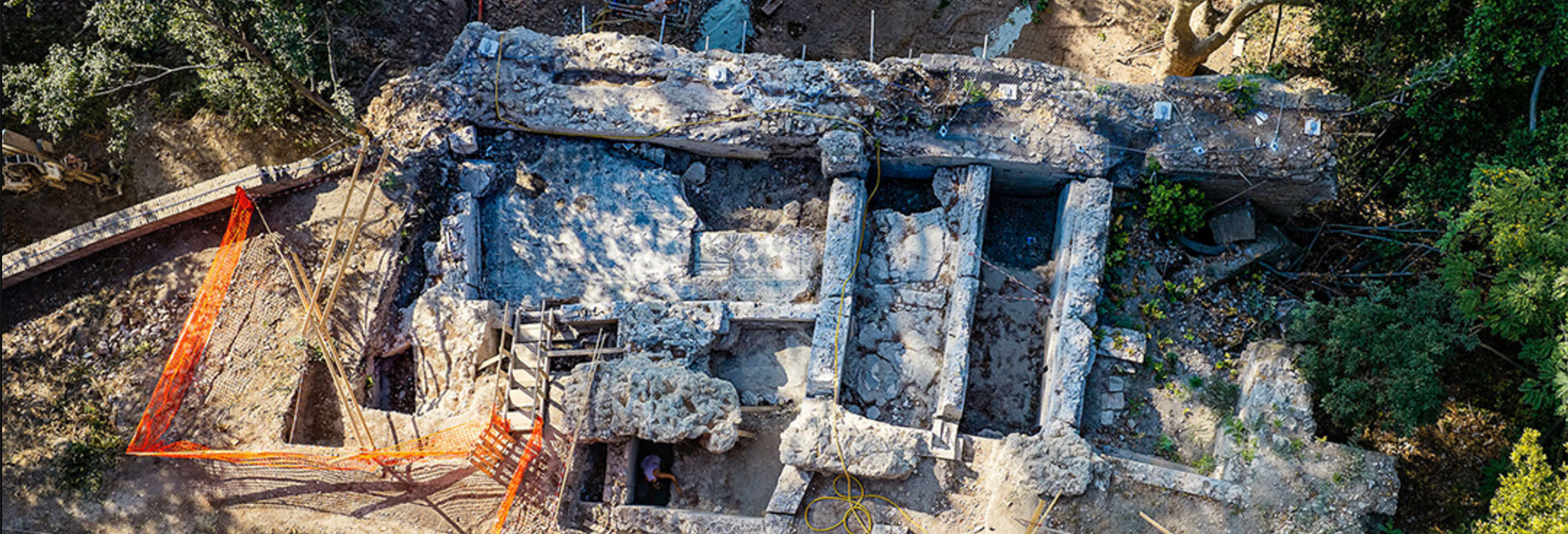 Aerial view of excavations of a building complex on the Caelian Hill, Rome, Italy