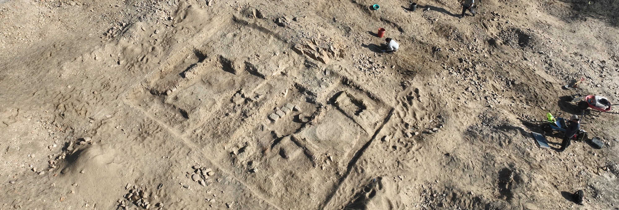 Aerial view of excavated building at Cerro Mayal, Peru