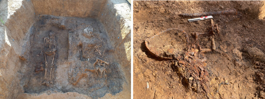 Man and horse burial (left) at the Gnezdilovo burial ground near Suzdal, Russia, and equestrian equipment and weapons (right) in the grave