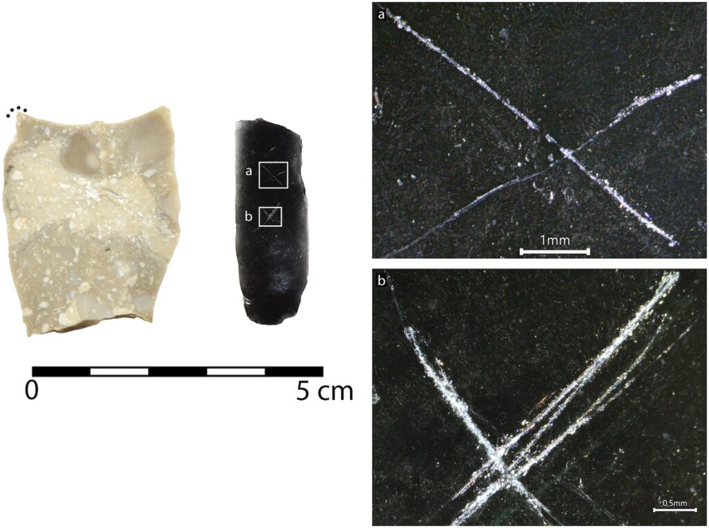 Flint tool and obsidian blade with crossed incisions