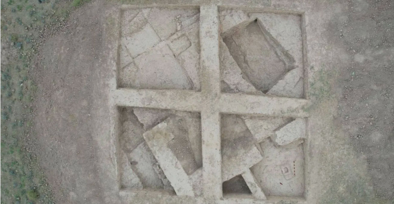 Aerial view of excavation of a building, Boburtepa, Uzbekistan