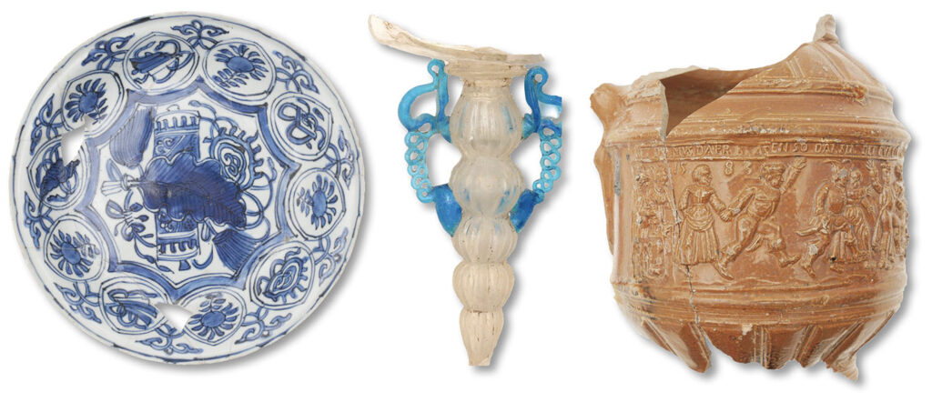 Porcelain dish (left), glass vessel (center), and ceramic vessel (right)