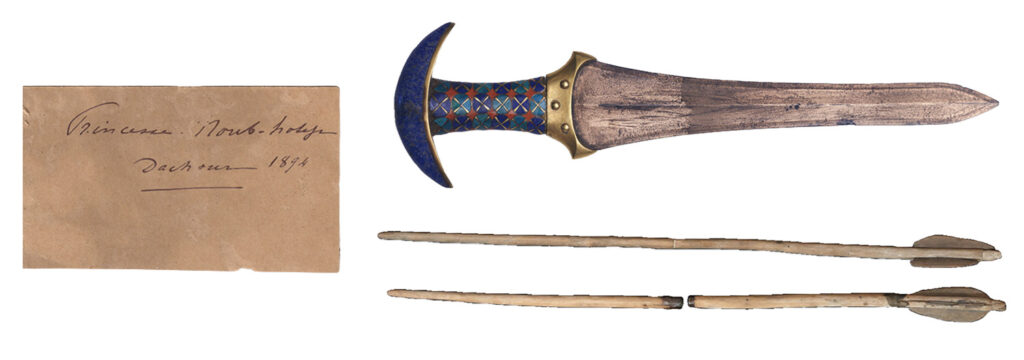 Princess Noub-Hotep excavation label (left), dagger (top right), and arrows (above right)