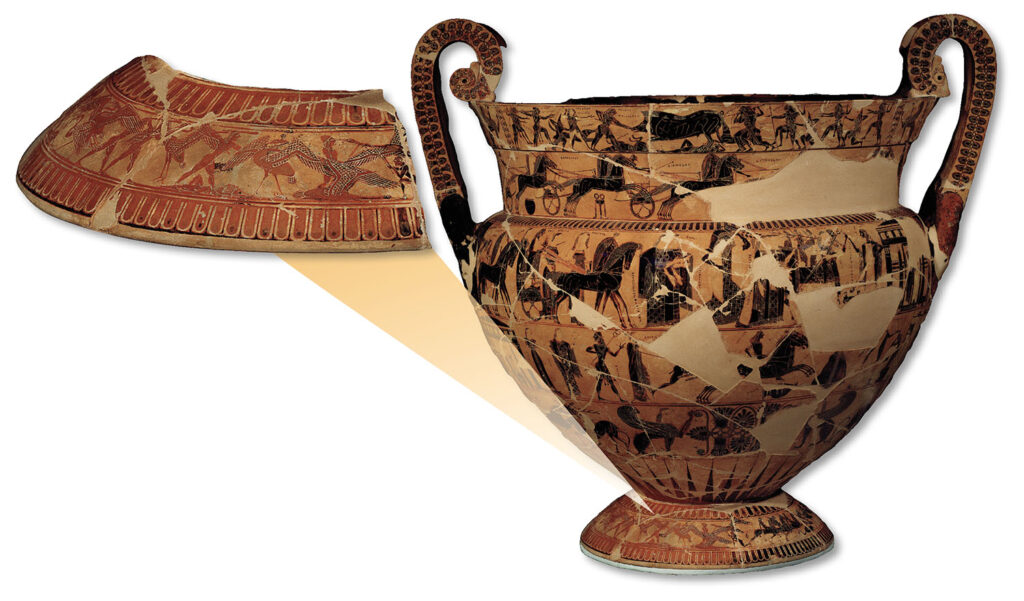 Greek vase depicting battle between pygmies and cranes (right) with detail of battle (left)