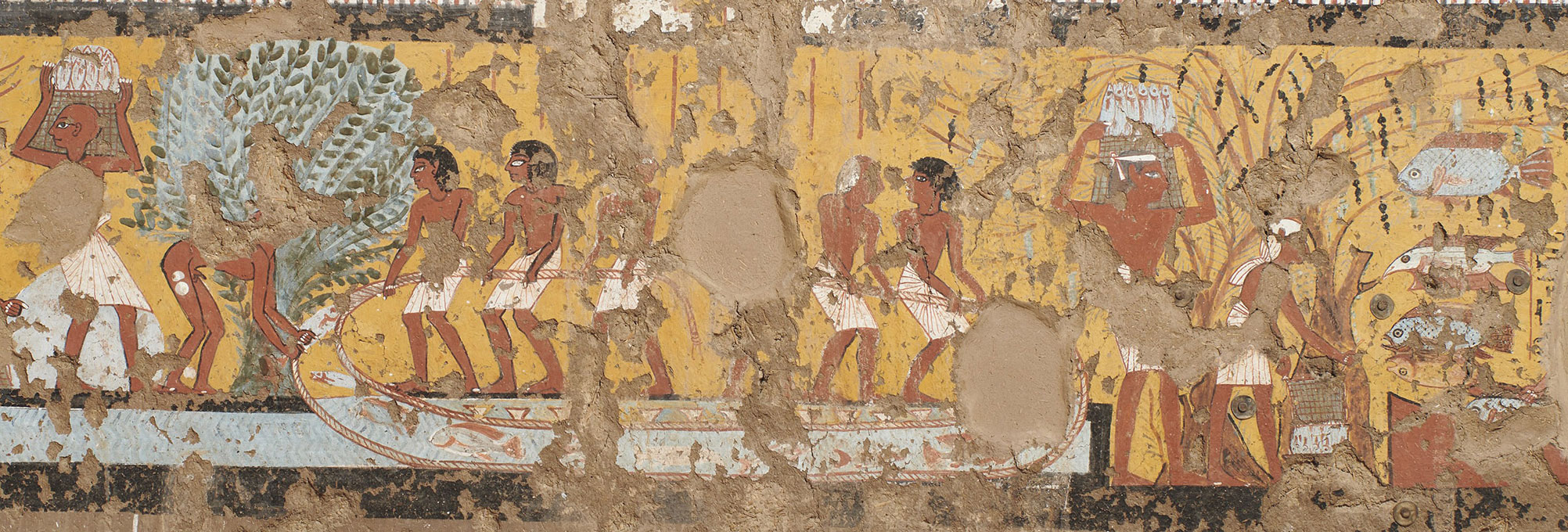 Painted scene from Ipuy's chapel depicting men catching fish from a boat