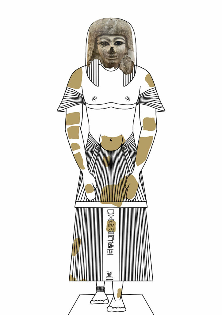 Reconstruction drawing of pieces recovered from the statue of Ipuy, with a photo of the sculpted head overlain