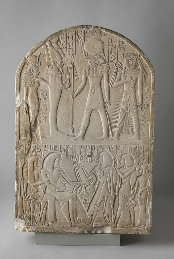 Limestone stele depicting gods (top) and Ipuy, his wife, and their child (above)