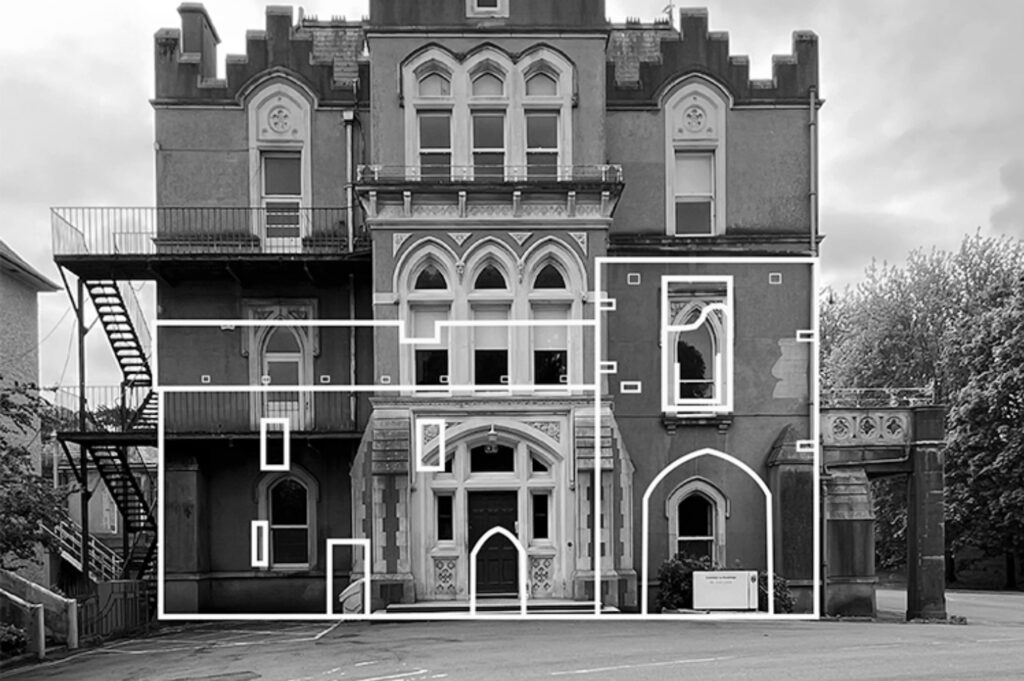 Current facade of Roebuck Castle, with Beranger's drawing of the castle superimposed in outline