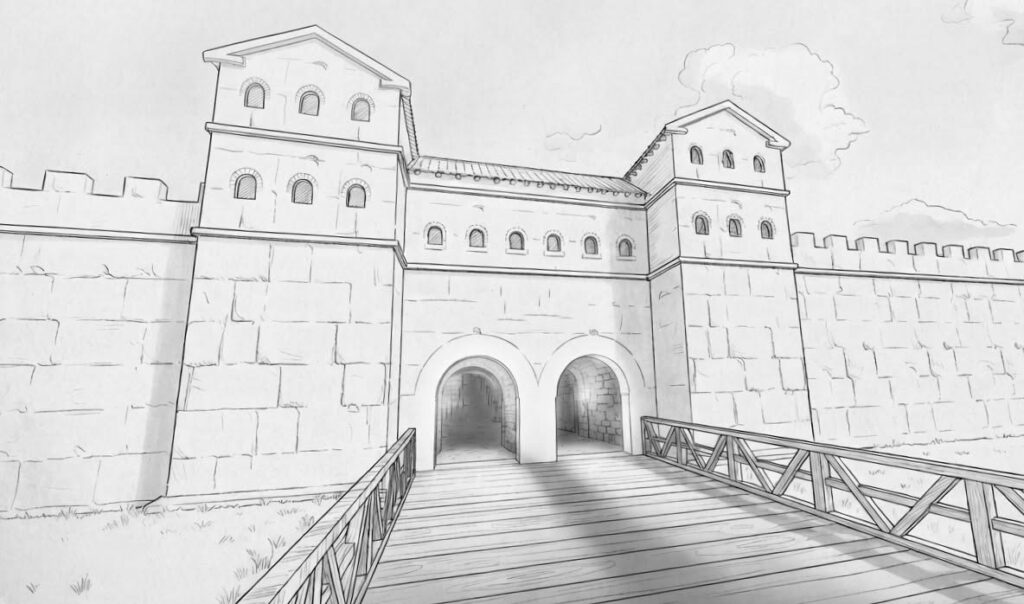 Reconstruction drawing of the main gate of ancient Apulum