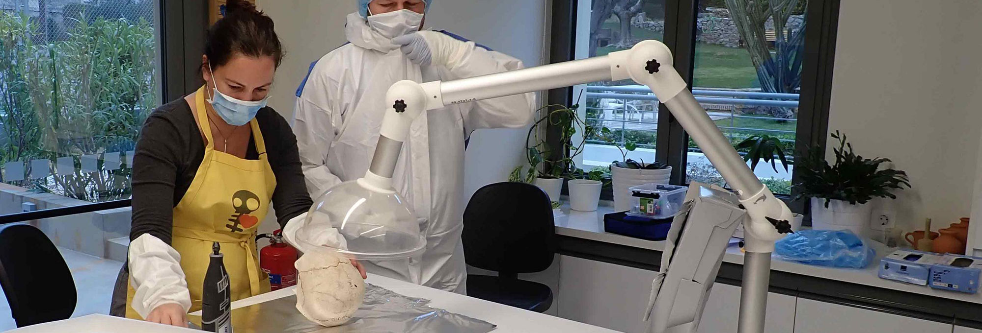 Researchers analyze a skull from an archaeological site in Greece in a laboratory at the American School of Classical Studies at Athens
