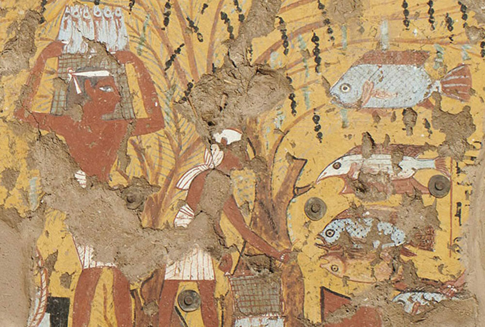 Painted scene from Ipuy's chapel depicting men catching fish from a boat