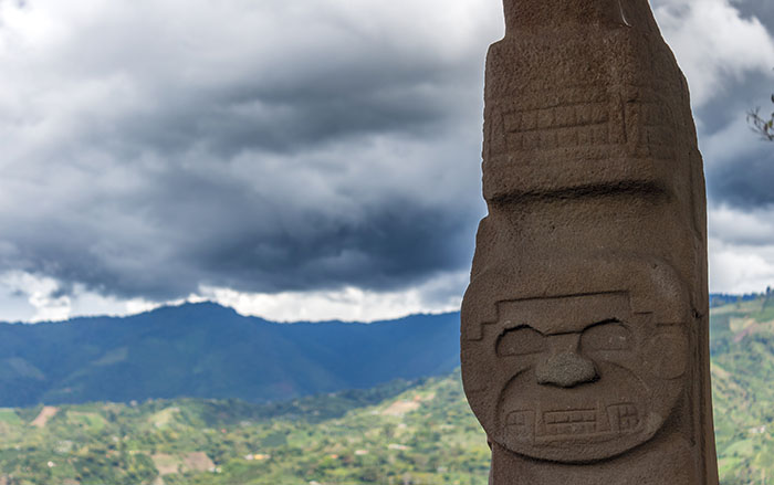 Statue of hybrid human-reptile figure, San Agustin Archaeological Park, Colombia