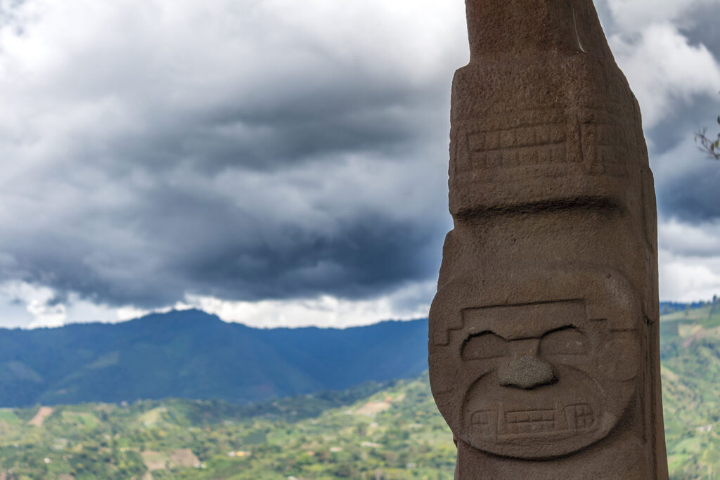 Statue of hybrid human-reptile figure, San Agustin Archaeological Park, Colombia