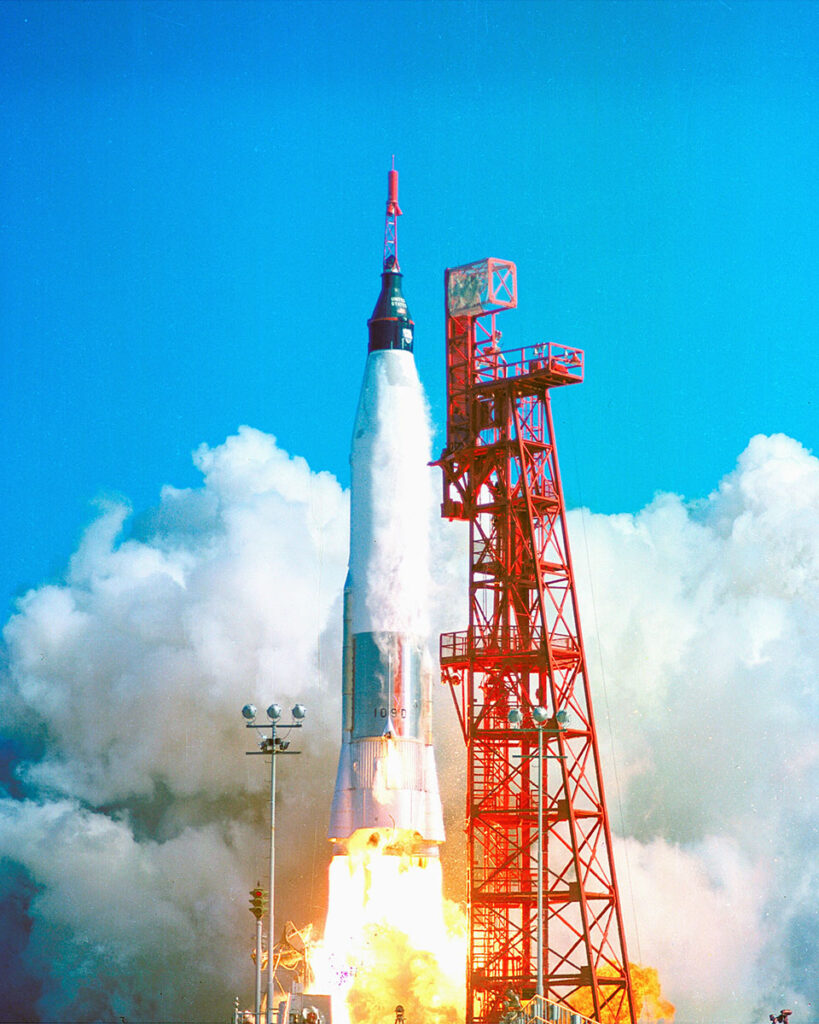 The Friendship 7 rocket lifts off from Cape Canaveral