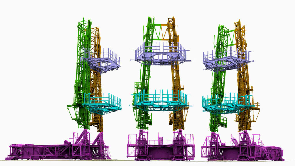 In 1958, a Juno I rocket launched the first American satellite into space; the launch was supported by this gantry, digitally reconstructed.