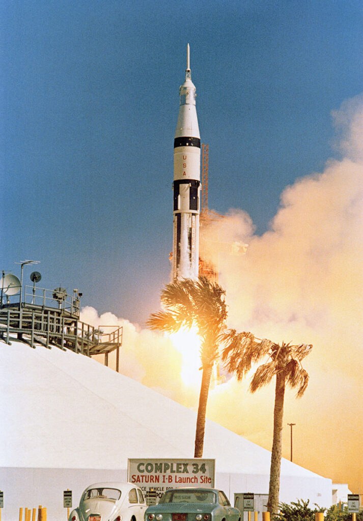 Apollo 7 thundered off from Launch Complex 34 (LC-34) at Cape Canaveral, on Florida's Atlantic Coast, the morning of October 11, 1968, producing 1.6 million pounds of thrust and a cloud of searing exhaust.