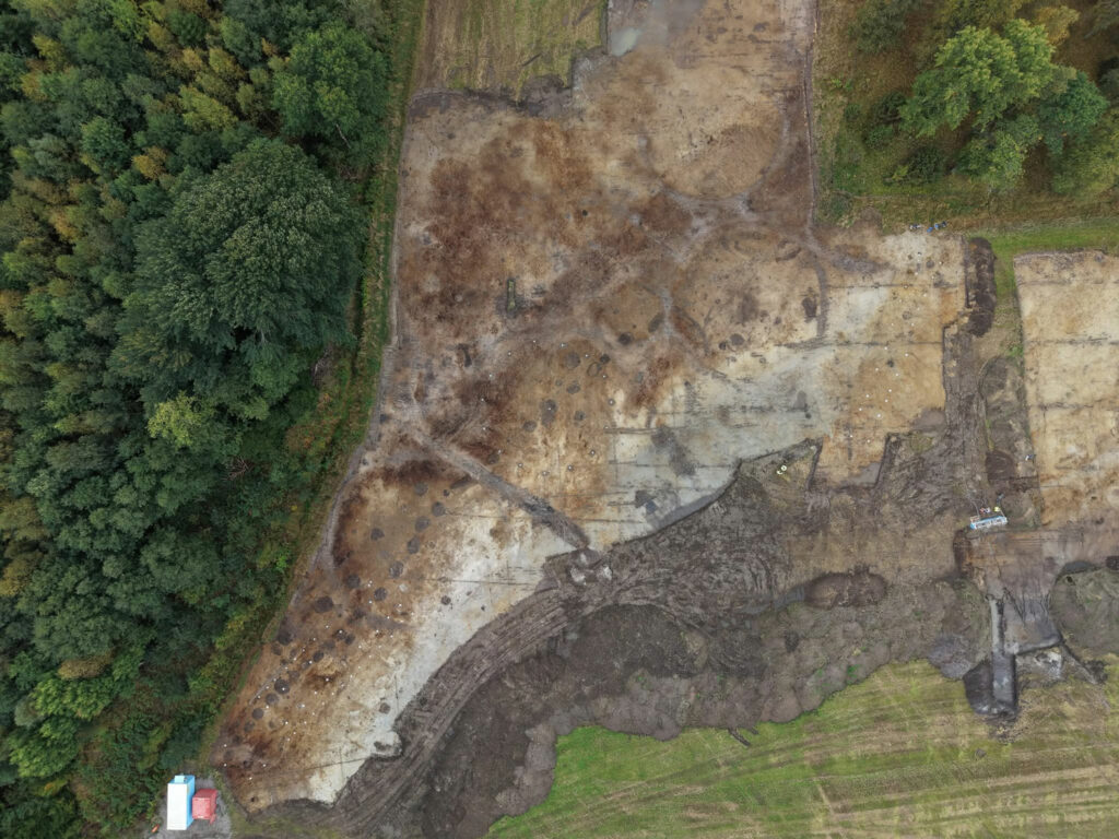 Aerial view of excavation of stone circles, Hunn, Norway