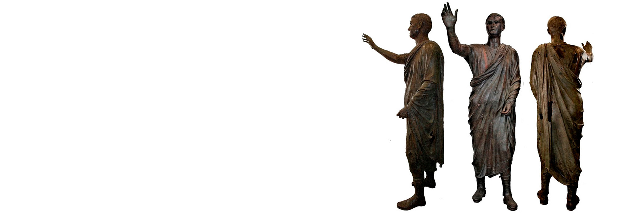 Three views of the Arringatore statue after restoration in 2008
